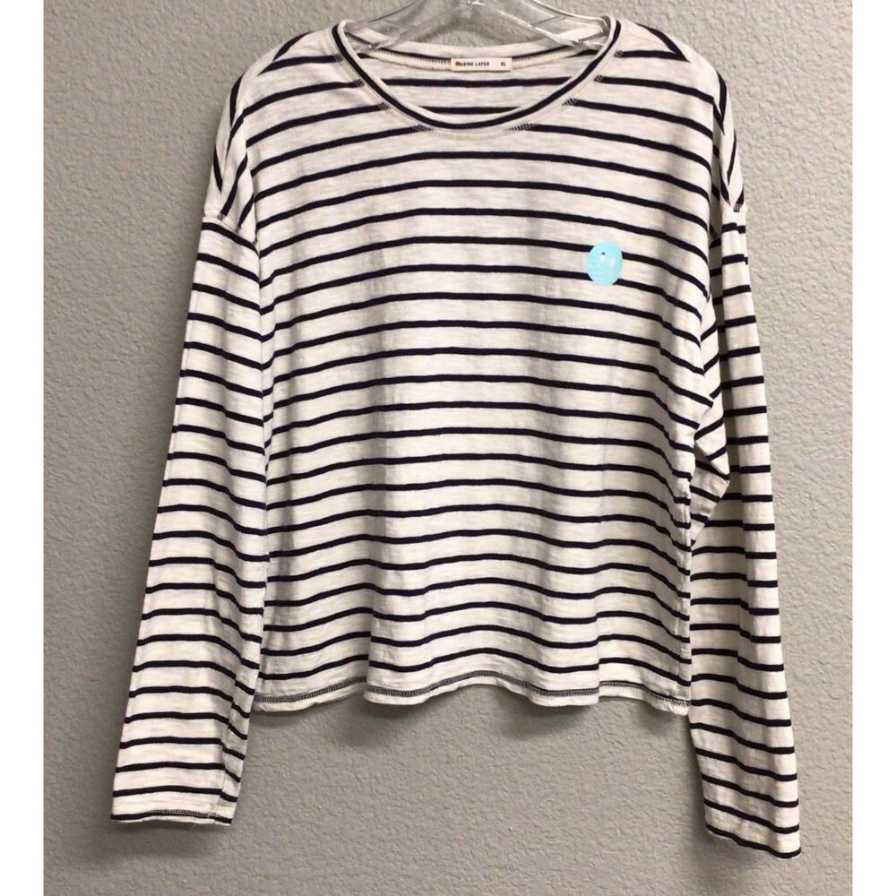 Marine Layer Women’s Blue White Striped Phoebe Oversized LS Tee Shirt Size XL
